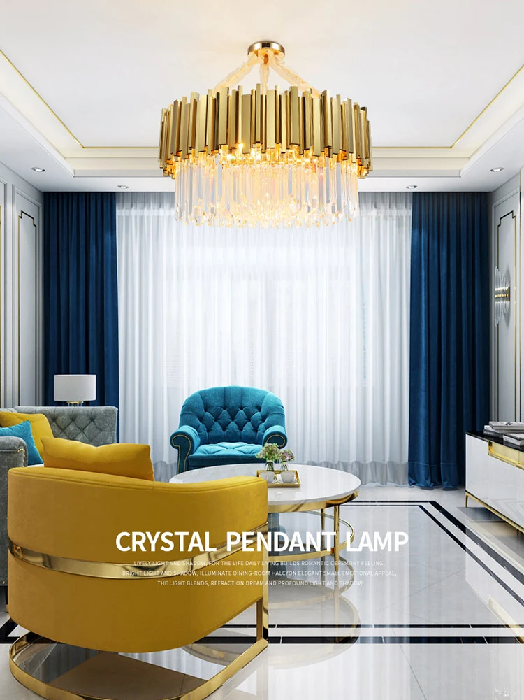 Dimmable LED Crystal Lustre Hanging Lamp Gold Classic Chandelier Luxury Round Living Room Dining Room  Home Decor Appliance