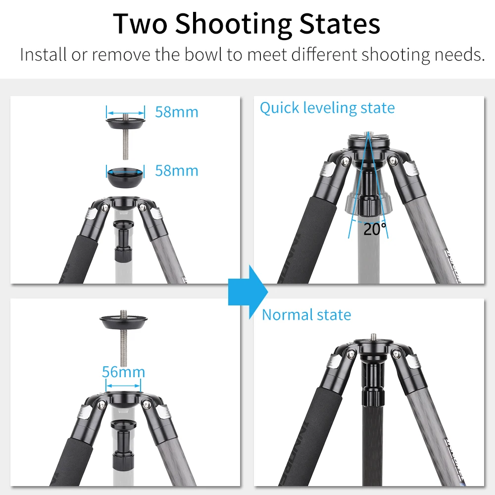 INNOREL ST324CT/324CF Professional Carbon Fiber Tripod with Bowl Adapter for DSLR Camera Birdwatching Ball Head Fluid Head