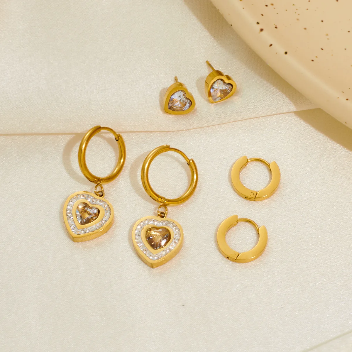 Trendy Stainless Steel Heart Rhinestone Hoop Earrings Jewelry 3Pcs/Set CZ Crystal Party Earrings For Women 3