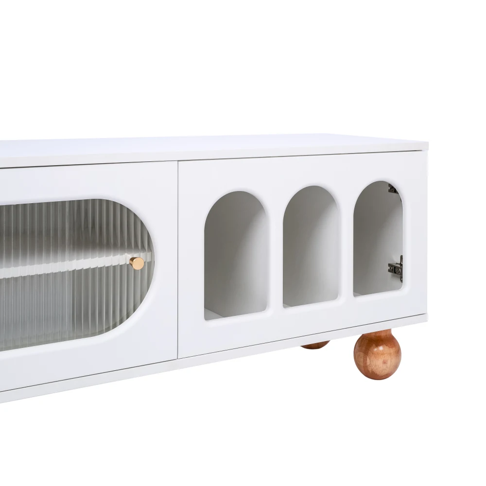 PINGGO Moderner TV-Ständer mit Rattantür, Glasschiebetür, 3 offenen Bögen, Lowboard mit goldenen Griffen, Massivholzfüßen, Wohnzimmermöbel – Detail 19