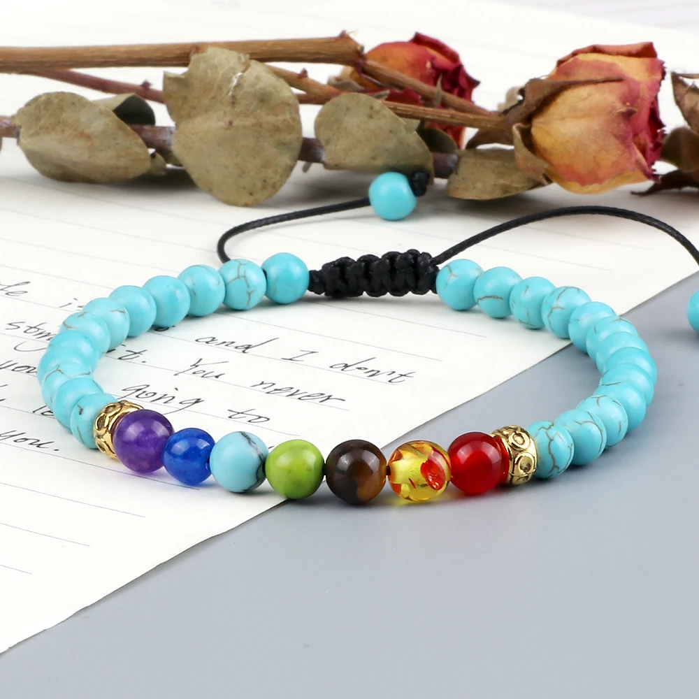 Pulsera de cuentas de 7 Chakras para hombre y mujer, brazalete de cuentas curativas de Reiki, malaquita, ágatas de piedra Natural de 6mm, joyería de Yoga para pareja