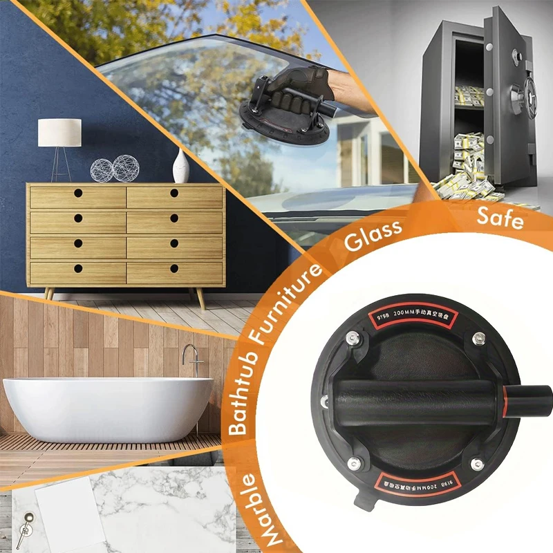 Can handle large glass, granite, tile, etc. Manual lifting suction cup, 8-inch rubber sole, plastic handle