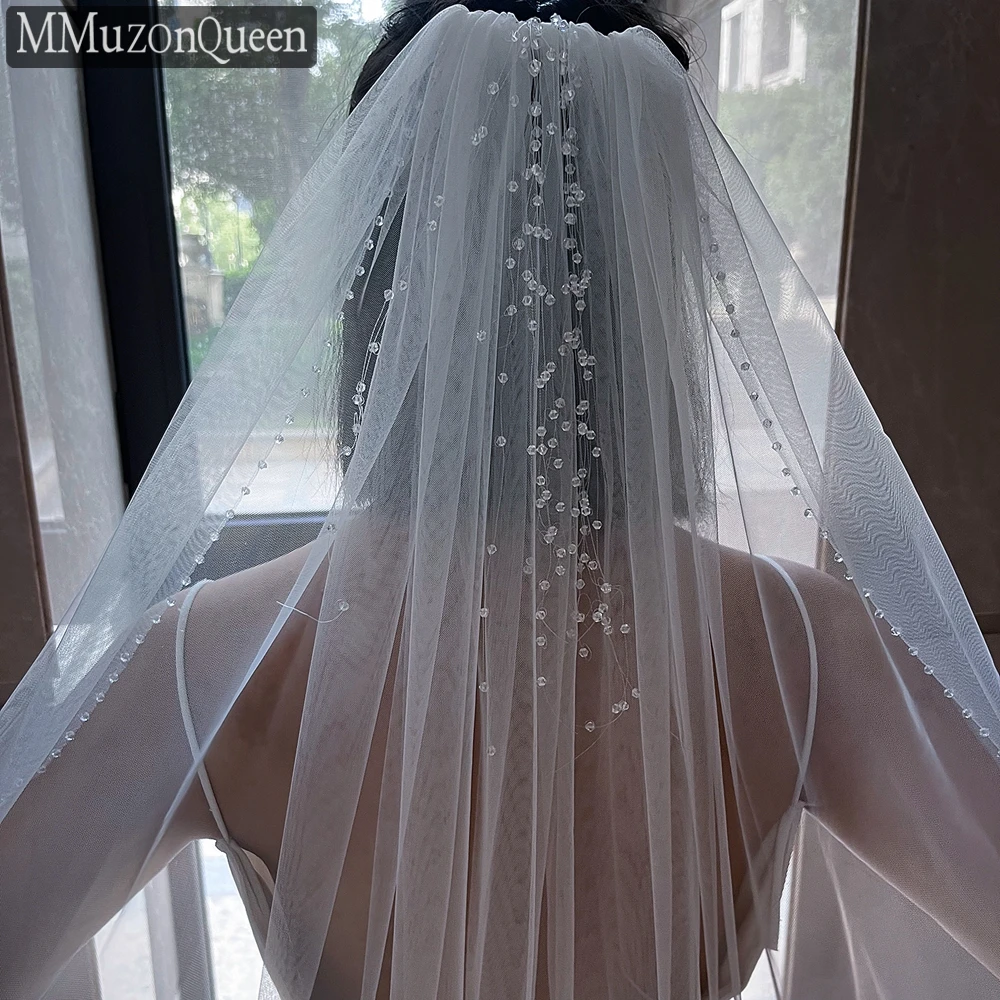 

MMQ M20 Beaded Wedding Veil Handmade Soft Tulle One Layer White Fingertip Length Crystal Edge Short Bridal Veils velo de novia