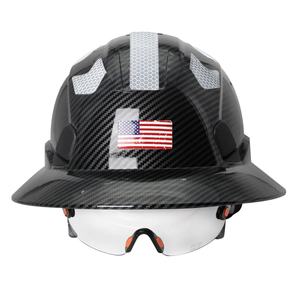 Carbon Fiber Pattern Full Brim Hard Hat safety helmet With CE Goggles For Engineer Construction Safety Helmet HDPE HardHat Suspension 6 Point