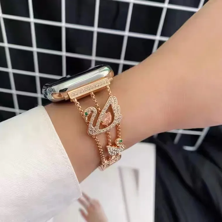 Metal＋Diamond Strap For Apple Watch 49mm 45mm 44mm 42mm 41mm 40mm Stainless Steel Swan Style Bracelet iWatch 8 7 6 5 4 3 SE Belt