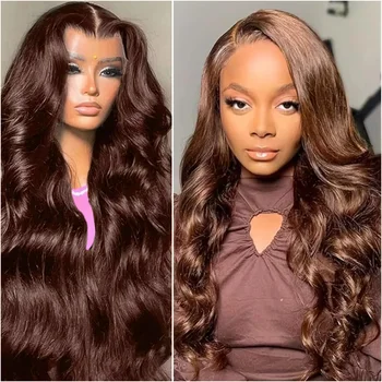 Chocolate Brown 13x4 Lace Front Human Hair Pre Plucked Body Wave Wigs For Women 40 Inch 13x6 HD Lace Frontal Wig 200% Density 1