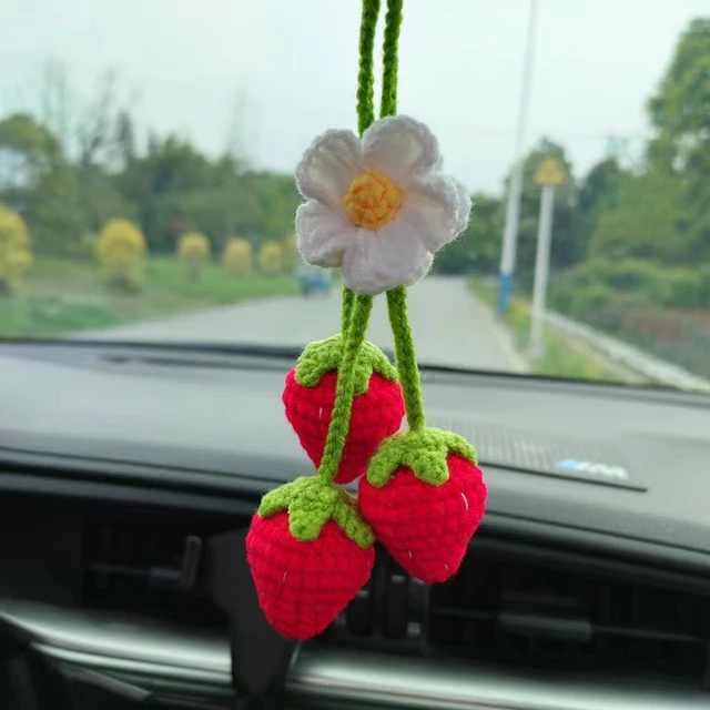 3Pcs Crochet Strawberry Car Mirror Accessories Car Rear View