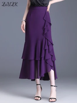 ZUZK Fashion Irregular Fishtail Chiffon Skirts Elegant High Waist Summer Luxury Party Skirt Female Ruffles Long Skirts 1