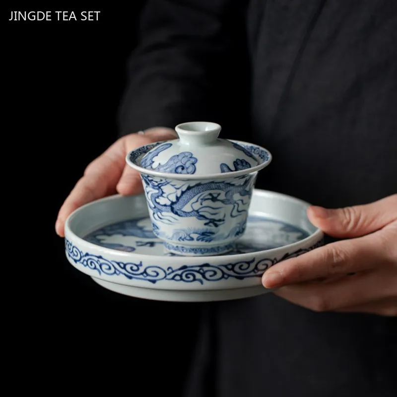 Jingdezhen Blue and White Porcelain Dragon Pattern Tea Set Handmade Beauty Gaiwan Tea Maker Exquisite Master Cup Chinese Tea Set