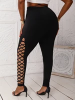 Plus Size  Leggings For Women Clothing with Lattice Cutouts Mid-Waisted Stretchy Solid Color Female Knit Pants for Casual Outing - Image 6