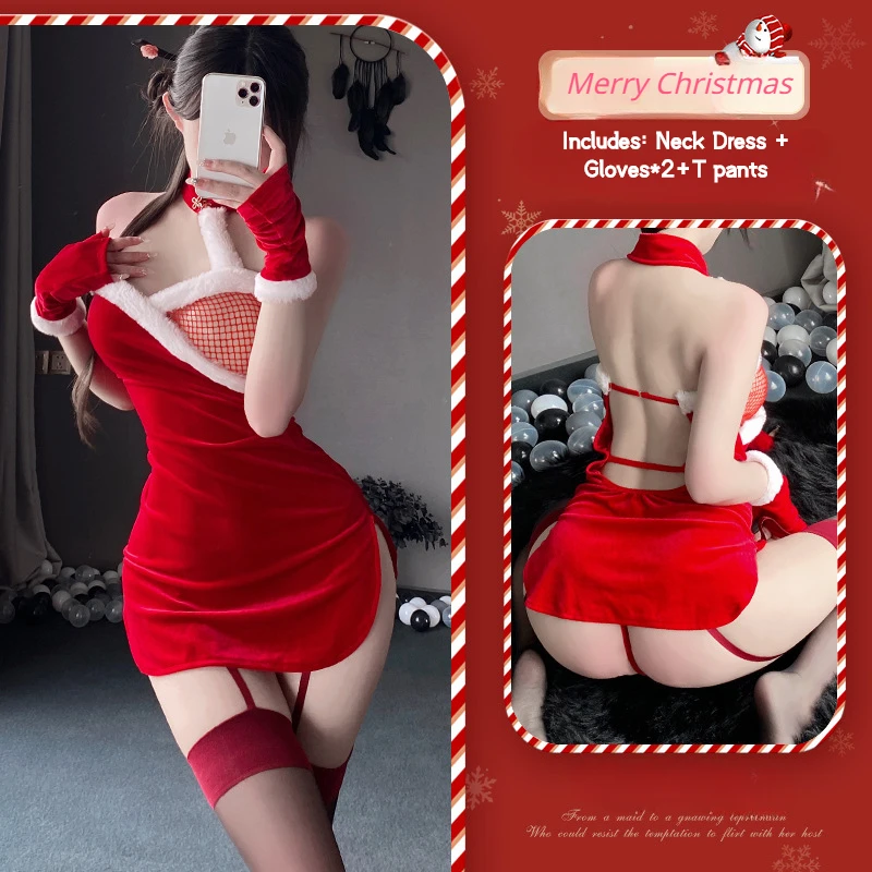 

Sexy Cosplay Skirt Christmas Red and Black Performance Clothes Inside Jumpsuit Cheongsam Uniform Seductive Clothing Suit Female