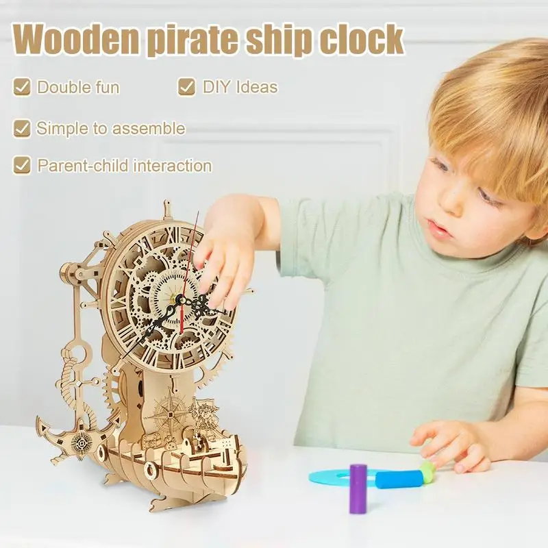 houten puzzel piratenschip klok kantoor klok modelkit, bouw puzzel