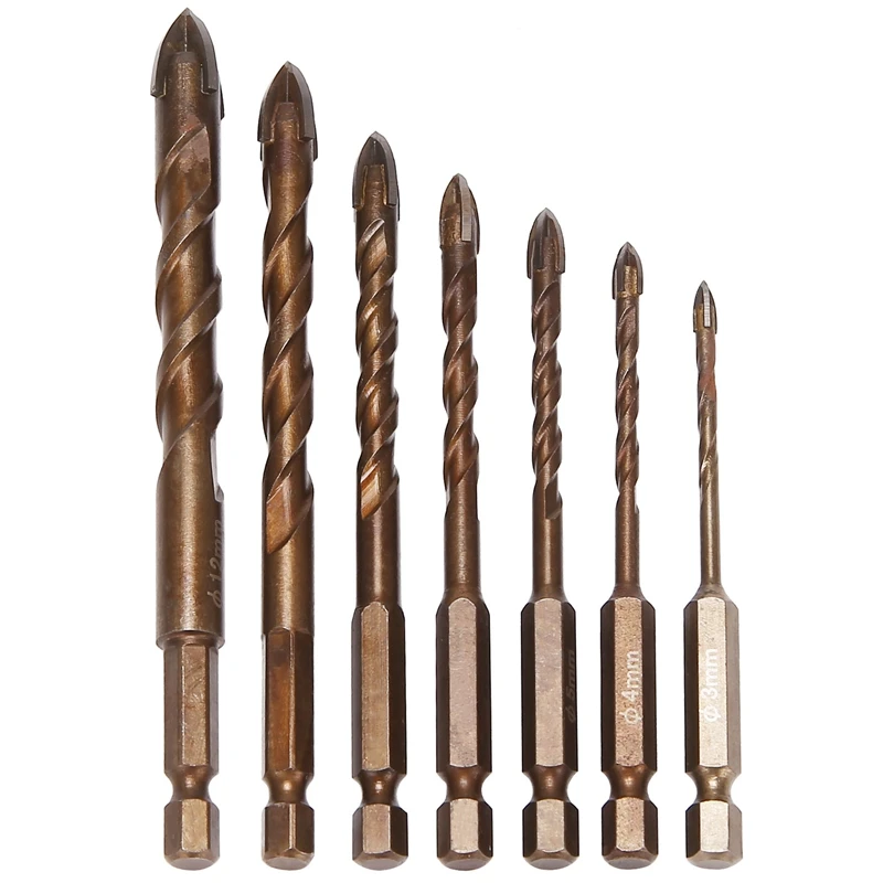 

7Pcs Cross Hex Tile Drill Bits Set For Glass Ceramic Concrete Hole Opener Hard Alloy Bit Tools(3/4/5/6/8/10/12Mm)