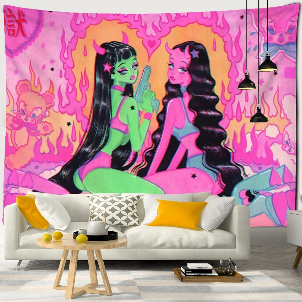 Kawaii Women Wall Hanging Tapestry Anime Cute Girl Illustration Aesthetic Art Tapiz Hippie Room Dorm Decor tapestry decorations