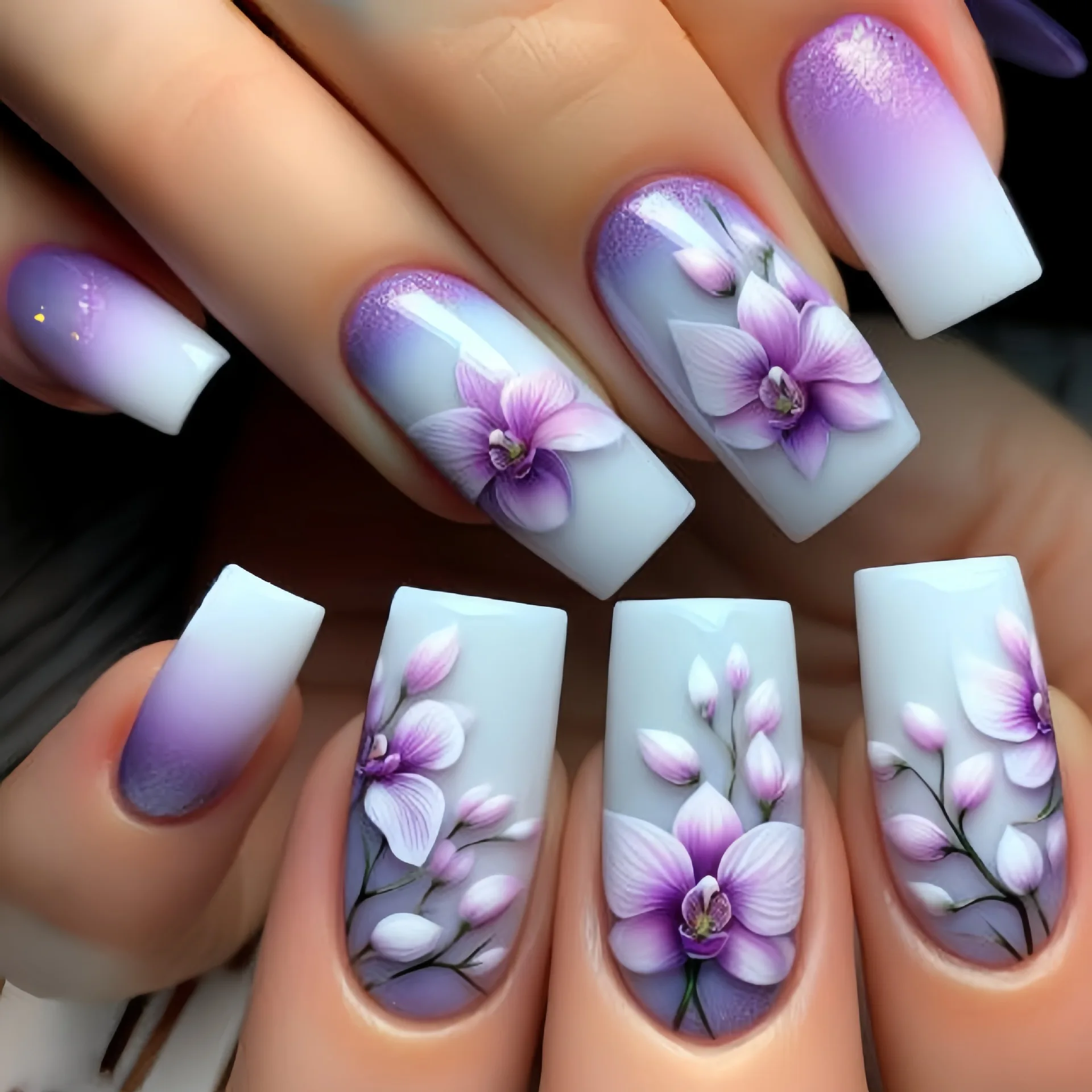 Ladder-Shaped Floral Ombre French Press-On Nails with Glue Strips - 24 Piece Set