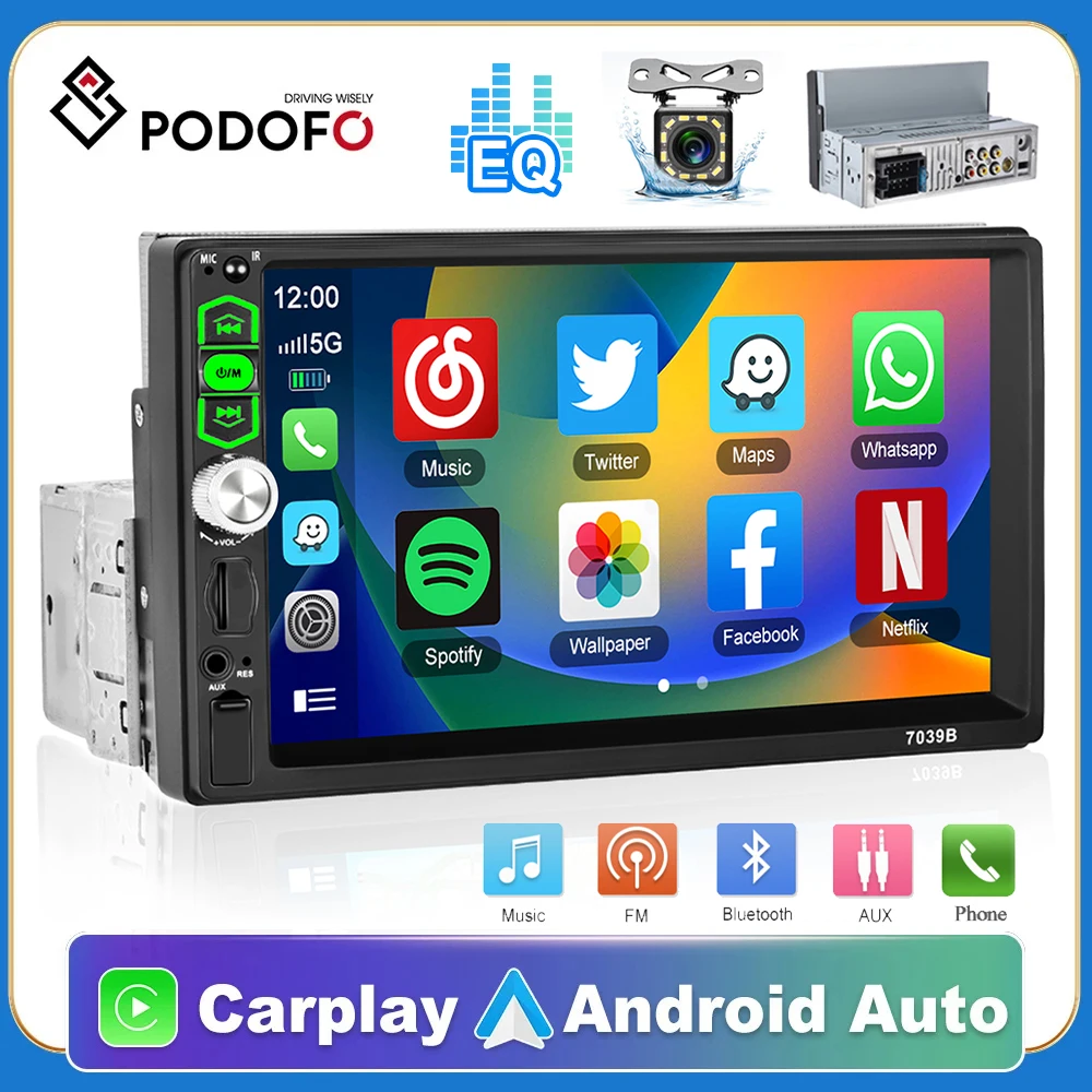 

Podofo 1din Car Radio Autoradio 7" Carplay Universal Touch Screen Bluetooth FM Multimedia Player Rear View Camera Mirror Link