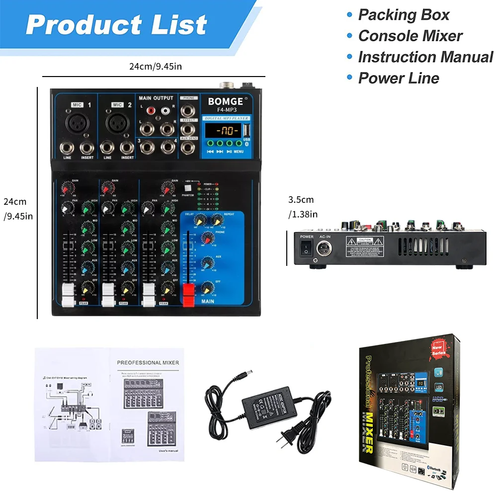 BOMGE F4 4channel metal digital audio mixer with Bluetooth 99DSP UPS Jack MP3 player console 48V phantom power