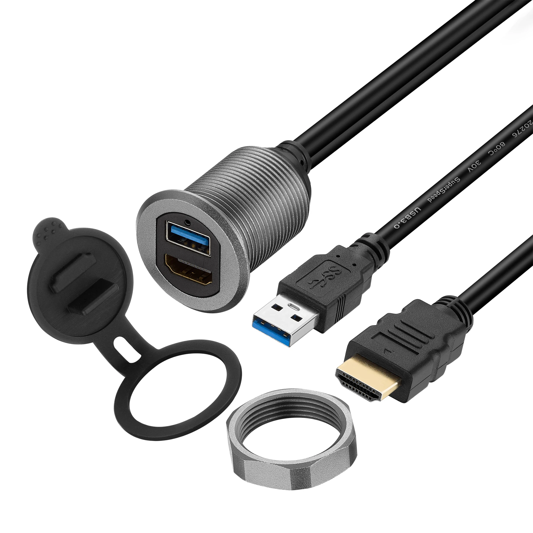 Bochara 차량용 알루미늄 합금 대시보드 케이블, USB 3.0 + HDMI 호환, 수-암 플러시 마운트 패널, 4K @ 60Hz 익스텐션, 1m