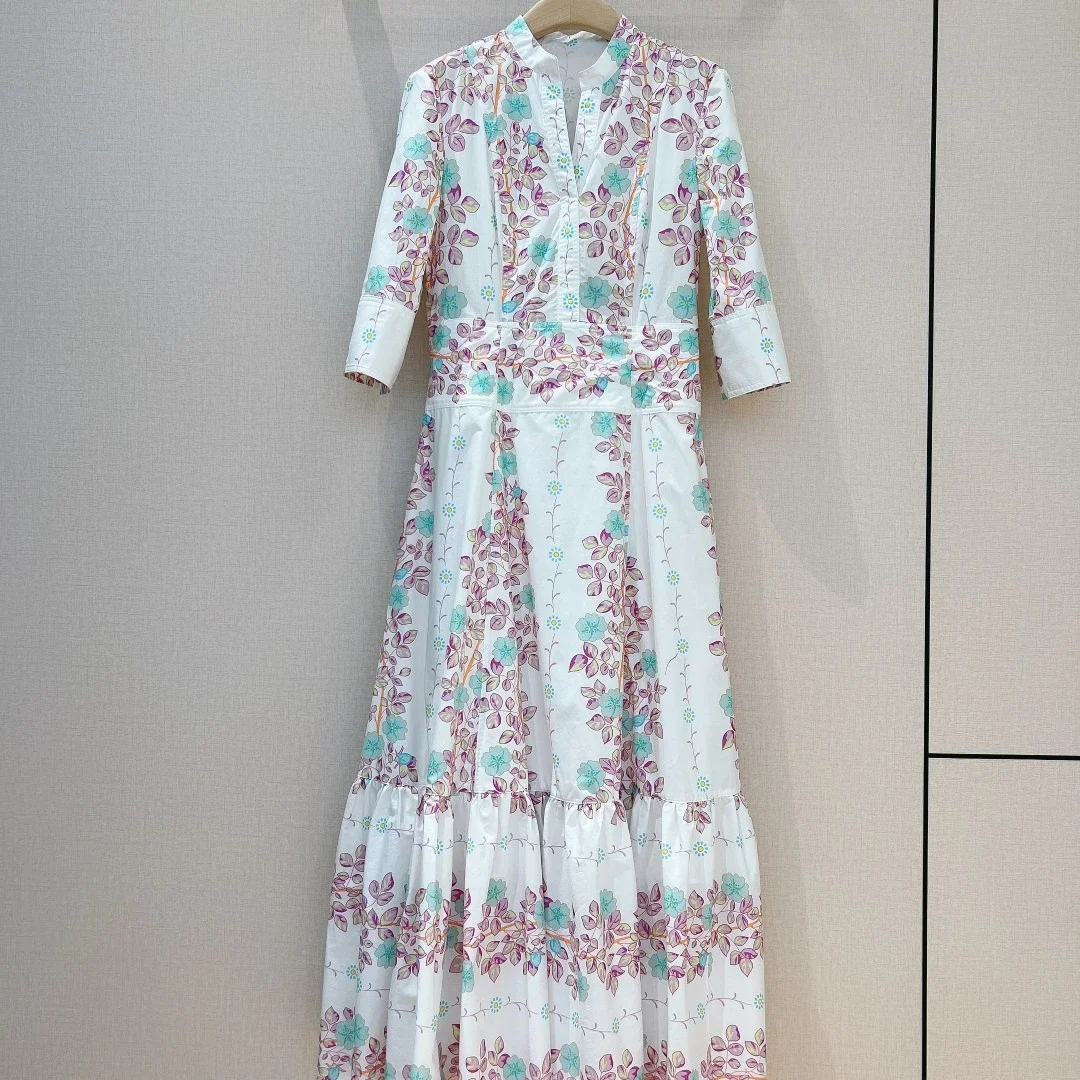 

2024 Spring Summer New Good Quality Cotton White Floral Print Short Sleeve Pullover Fashion Elegant Midi Dress for Women