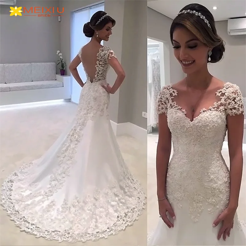 

New Applique Short Sleeve Sweetheart Wedding Dress Custom Luxury Exquisite Lace Train Sexy Floral Design Fashion Goddess Bridal
