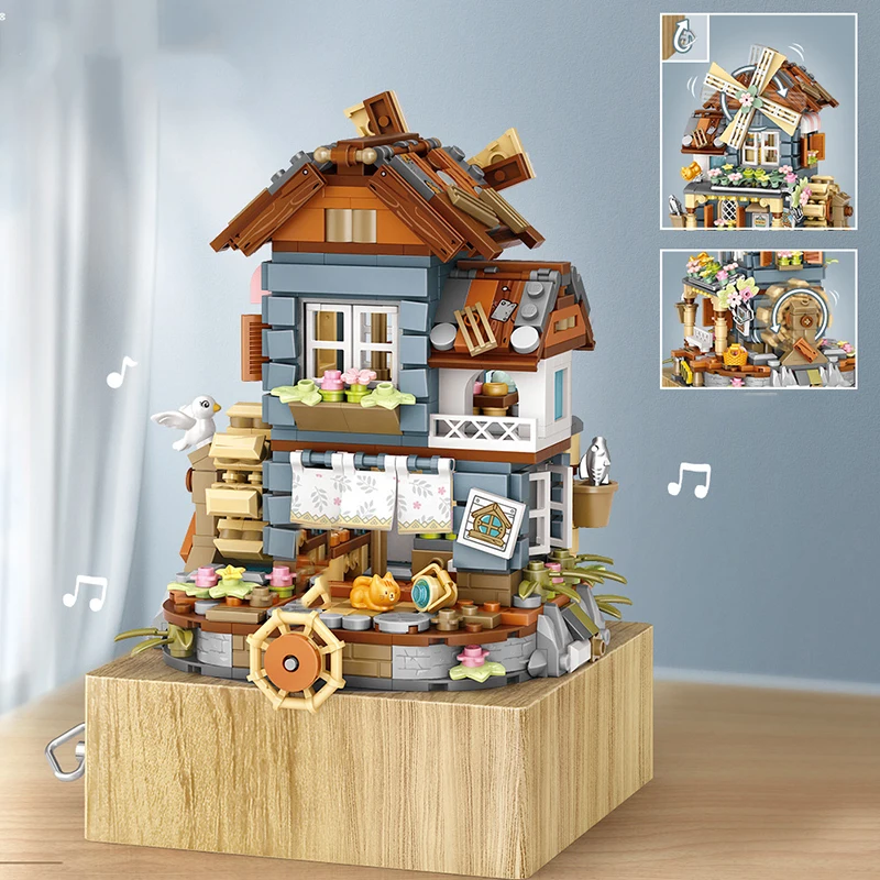 

Творческая музыкальная шкатулка для дома в виде ветряной мельницы, мини-кирпичи, игрушки, детские подарки, модель-головоломка, сделай сам, кирпичи, мелкие частицы, сборная игрушка для строительства