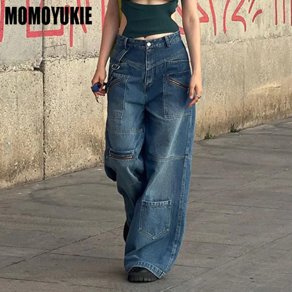レディースデニムカーゴパンツ,ハイウエスト,ボタン付き,レトロ,バギー,90年代のヴィンテージファッション,原宿,ストリートウェア