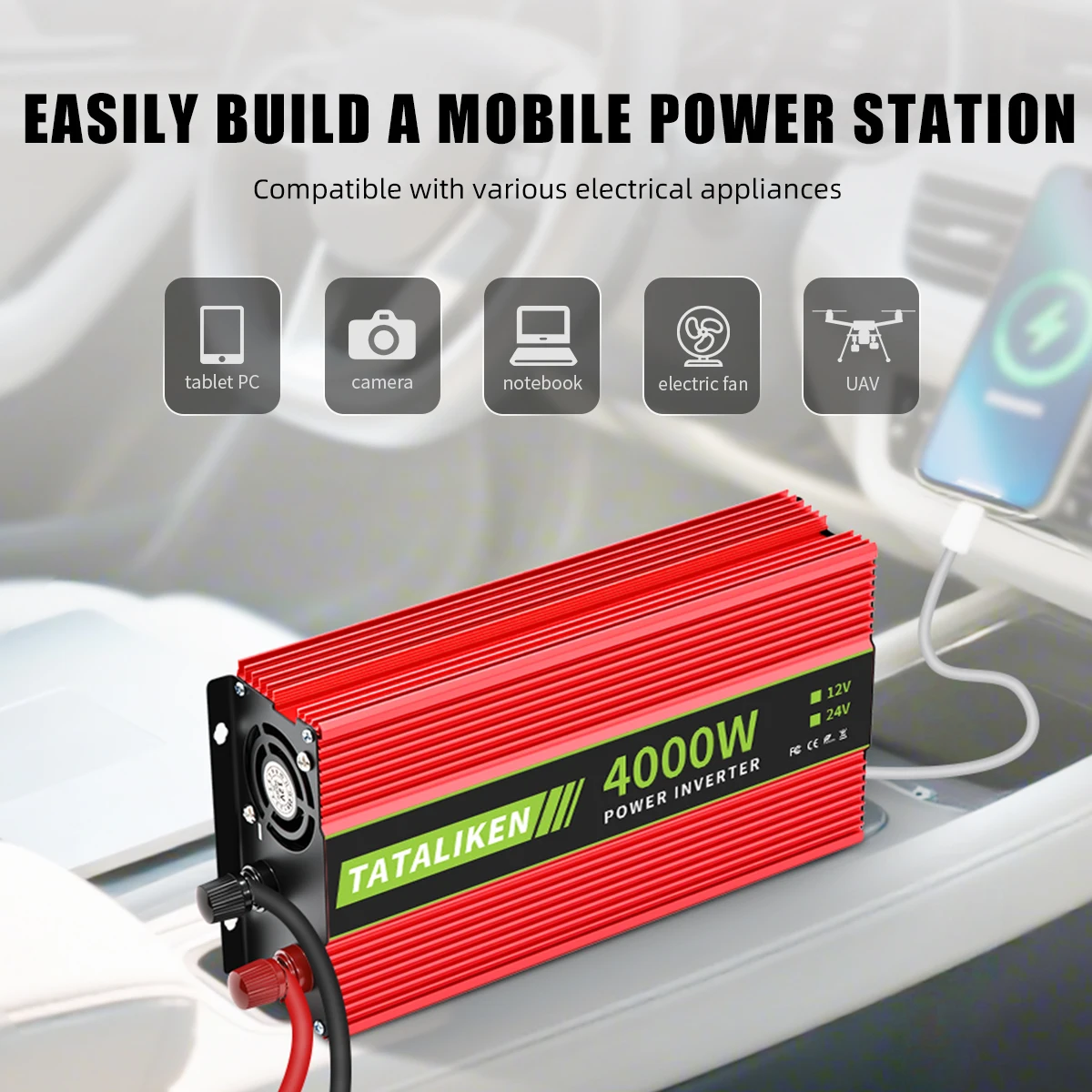 인버터 DC12V/24V AC 110V/220V 60HZ 변형 웨이브 인버터 4000W 태양열 자동차 전력 변환기, 브라질 소켓