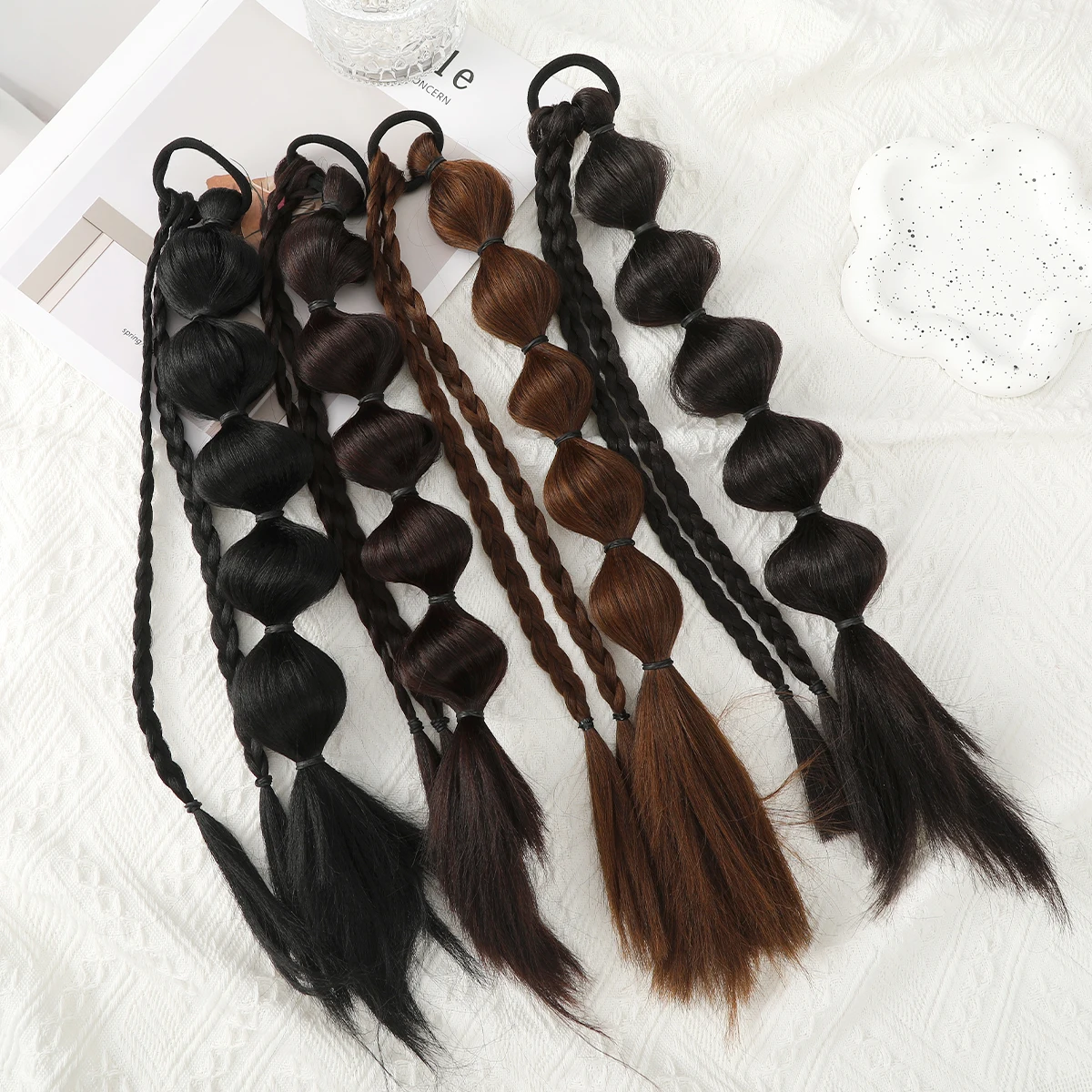 Wig Braids Hair Ropes Rubber Bands Three-Strand Braids For Women Hot Girl Sweet Bubble Braids Double Ponytail Boxing Braids