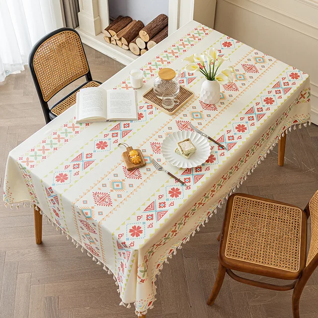 Waterproof and Oil Resistant Tablecloth Cotton and Linen Non Wash Fabric Ethnic Style Rectangular Tassel Homestay Tablecloth 5