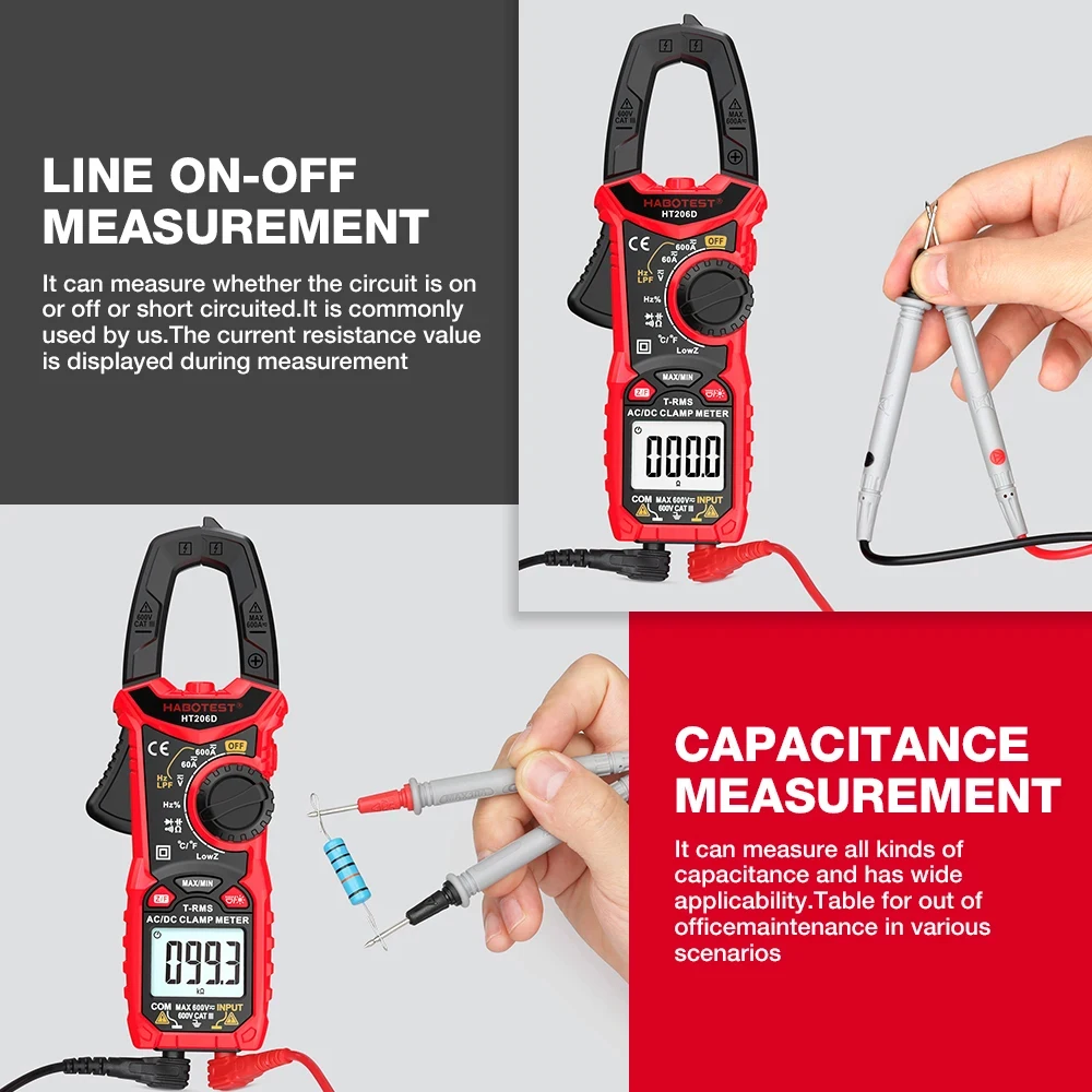Digital Multimeter HABOTEST HT206 Clamp Meter 600A Current Pliers Ammeter Voltmeter Hz Ohm Capacitance Electrical Tester