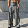 INCERUN Summer Men Pants Fashion High Waist Male Pantalons Zipper Long Pants Casual Long Trousers Men's Clothing Wide Leg Pant 1