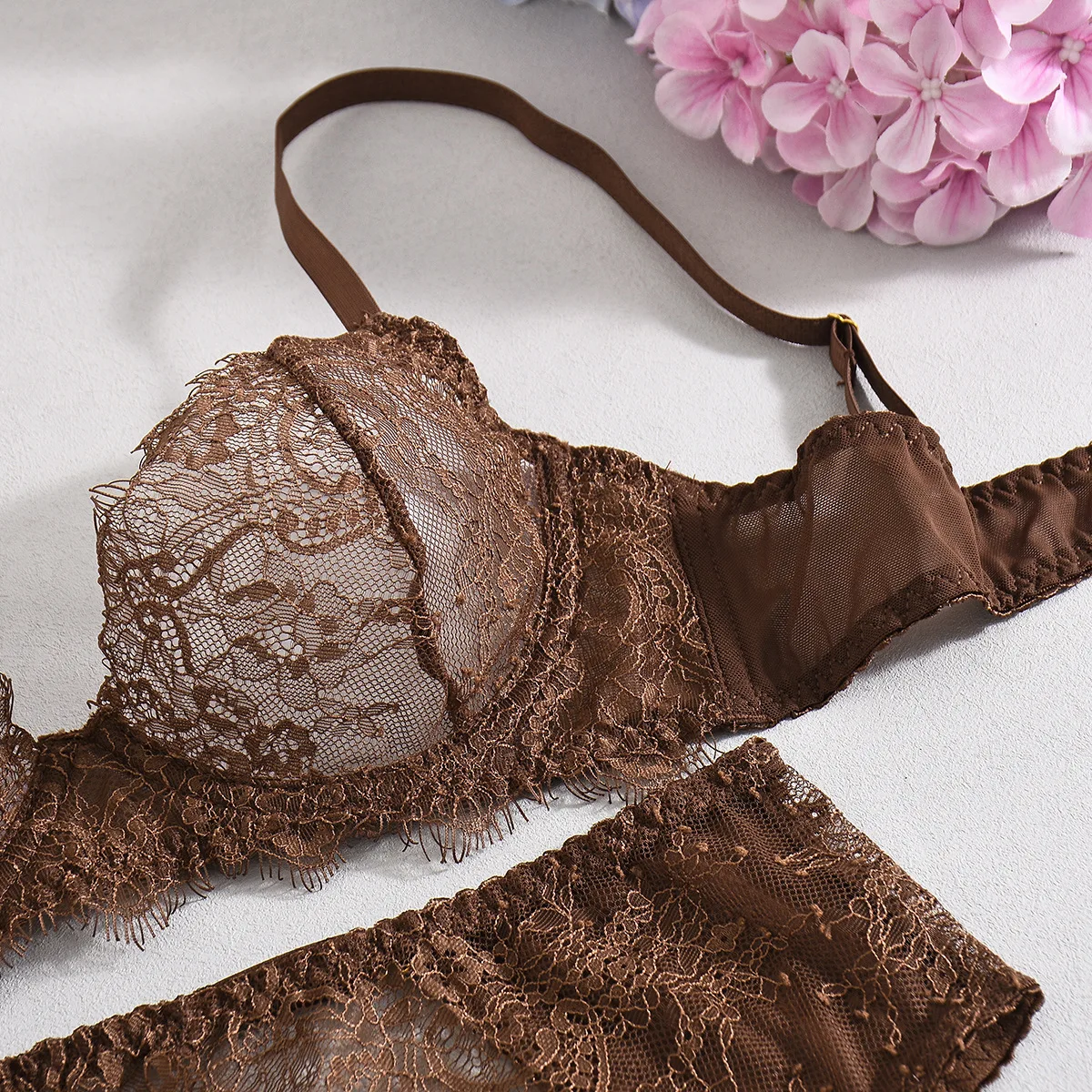 delicate lace finish with soft transparency