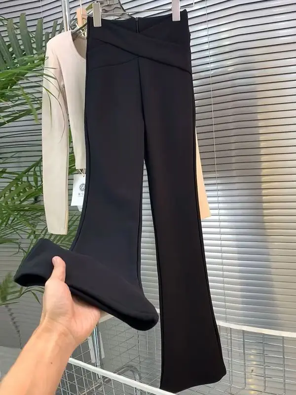 Real shot of the new Korean high waisted micro flared pants for spring 2024, cross waisted casual trousers for women