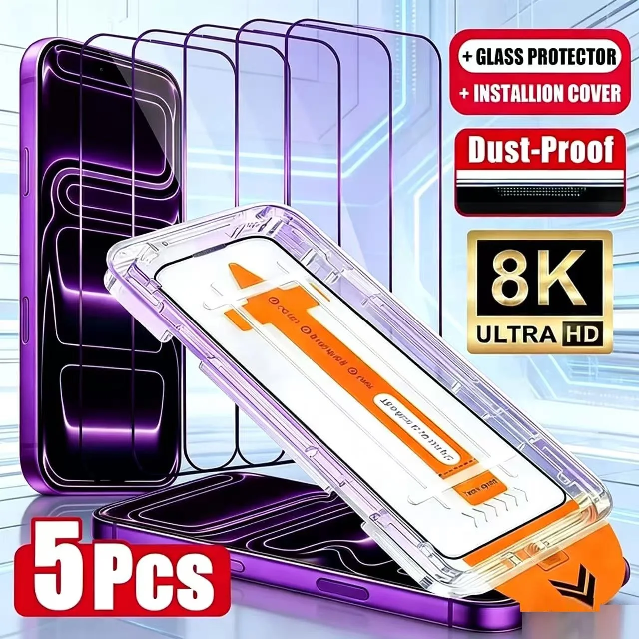 1-5Pcs Dust Free Easy Installation Screen Protector For iPhone 16 15 14 11 13 12 15 17 Pro Max 12 Mini XS X XR Tempered Glass