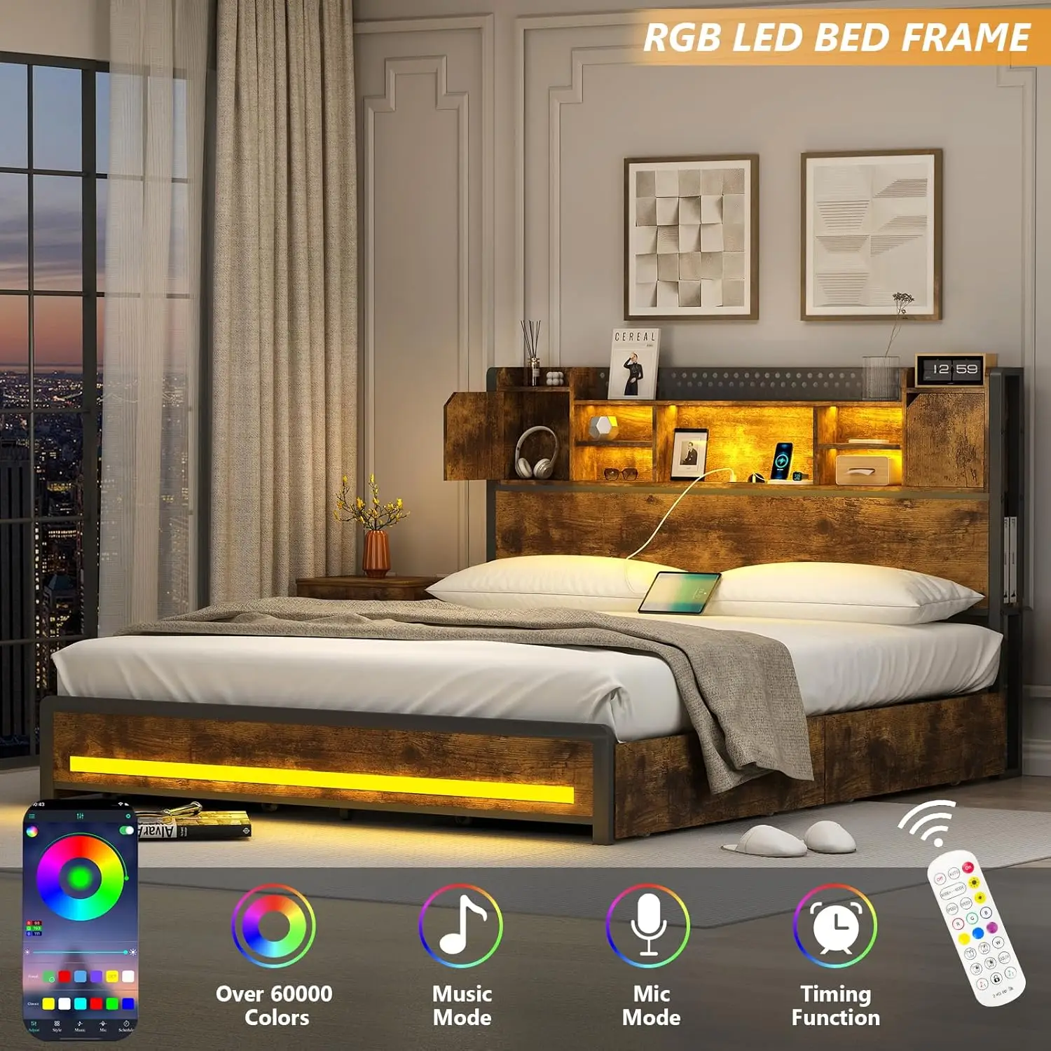 Description Picture 5 of itemQueen Bed Frame with Storage Drawers and Bookcase Headboard, LED Bed Frame Queen Size with Type-C & USB Ports