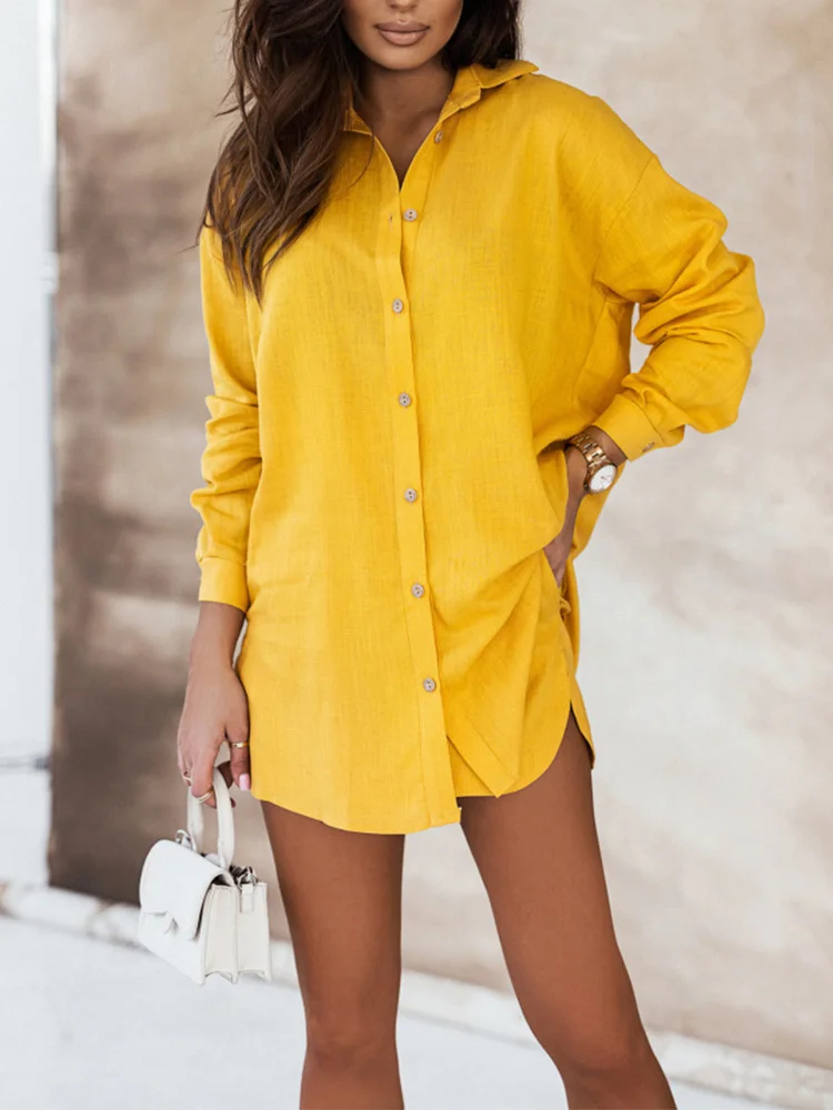 2023 New Summer Print Shorts Suits Woman Vintage Long Sleeve Shirt And Short Pants Suit Two Piece Set Female Loose Casual Outfit