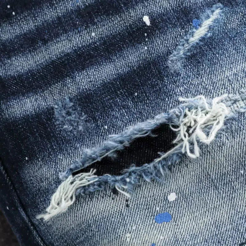 Street Fashion Men Jeans High Quality Retro Blue Stretch Slim Fit Ripped Jeans Painted Designer Brand Vintage Denim Pants Men