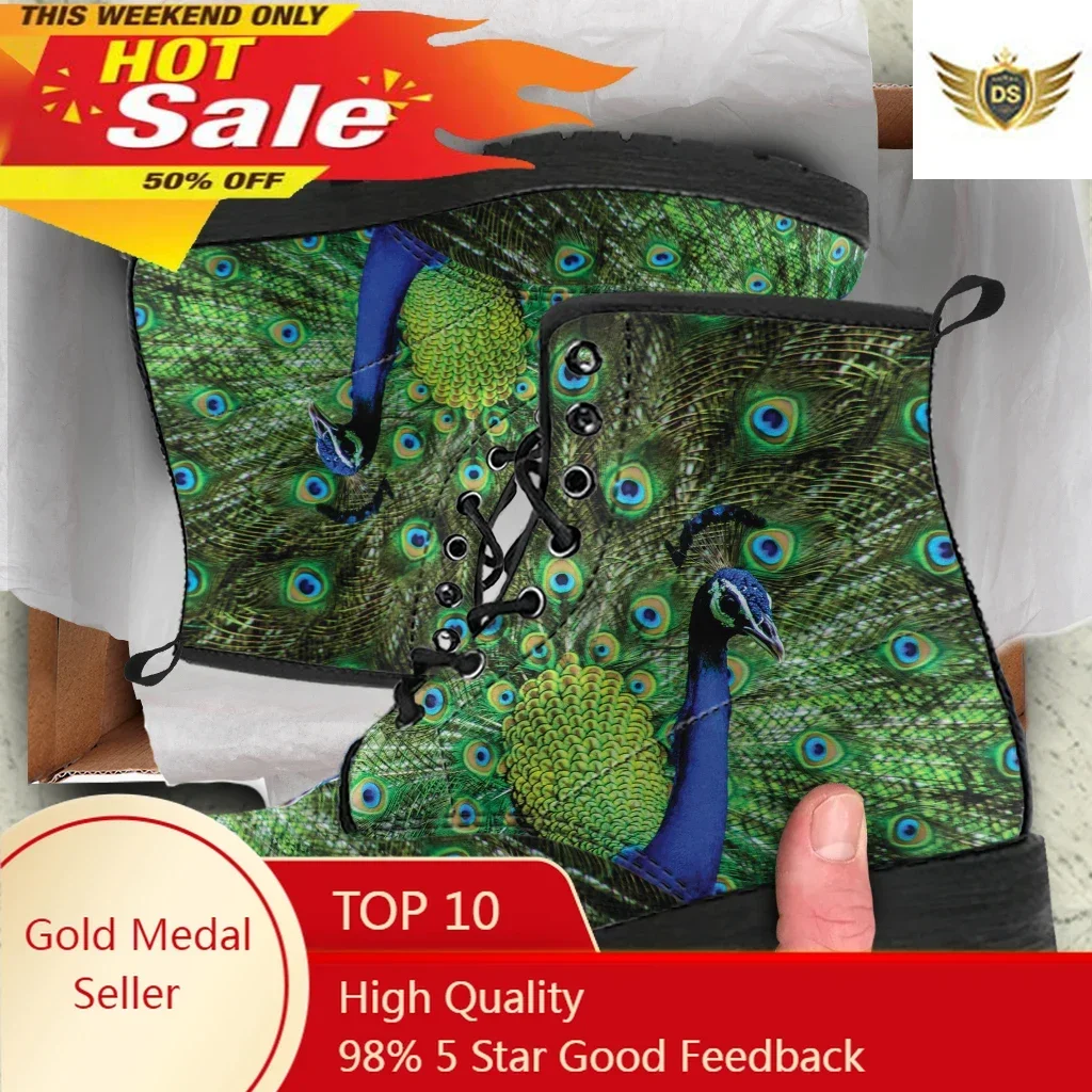 

Autumn Winter Women Ankle Boots Peacock Pattern Casual Anti-slip Girl Short Boots Wear-Resistant Vulcanized Rubber Sole Booties