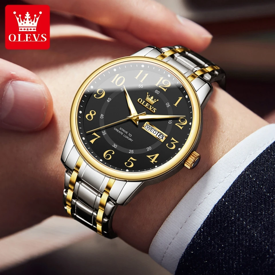 OLEVS Orologio da uomo in acciaio inox, design con diamanti, orologio da polso da uomo, impermeabile, con data e giorno, analogico al quarzo, Oro, Bracciale