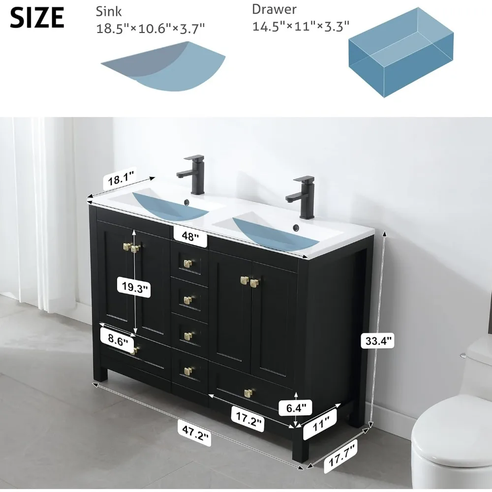Bathroom Organizers, Bathroom Vanities Cabinet With Sink Combo Set, Undermount Double Resin Sink Thickened Wood, Matte Black Fau 2