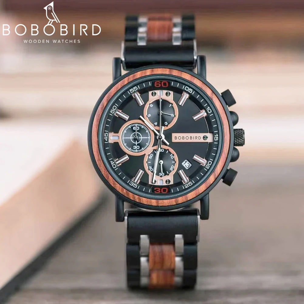 BOBO BIRD-Montre Militaire en Bois pour Homme, Top Fashion, Chronographe, Date, Spectacles Shoes Grossiers, Grand Cadeau
