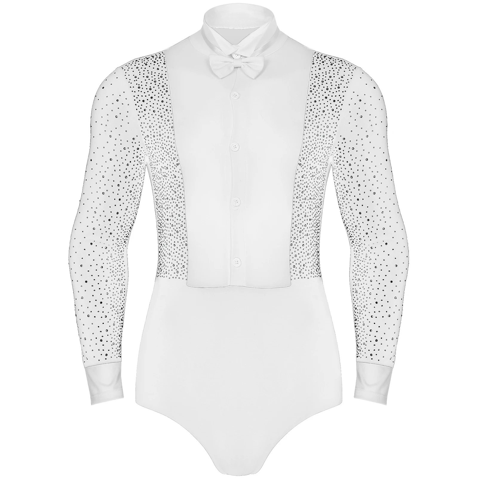 Men Latin Rumba Ballroom Gymnastics Leotard Dance Costume Long Sleeves Shiny Rhinestones Shirts Bodysuit with Bowtie Dancewear