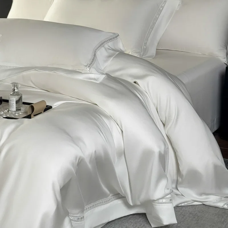 4Pcs Bedding Set Lyocell Bamboo Fiber Soft Silky Cool Hollow Edge Duvet Cover Fitted Sheet Pillowcases - Comforter Included