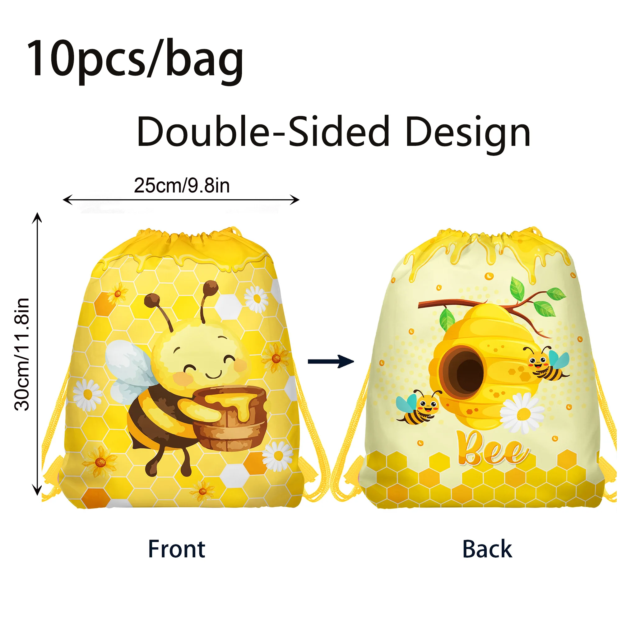 10 Stück Bienen-Vliesbeutel, Vlies-Rucksack mit Kordelzug, Geschenkverpackung für Geburtstage, Aufbewahrungsbeutel, Outdoor-Aktivitätsbeutel, Partyzubehör – Detail 3