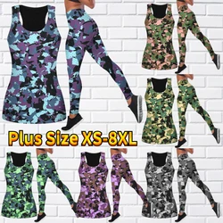 Women's Two-piece Yoga Set Sleeveless Casual Sports Vest Yoga Set 3D Camouflage Printed Sportswear Set XS-8XL