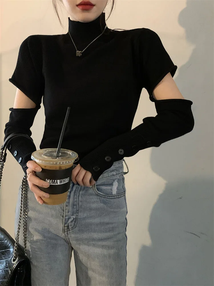 

Women Spring Blouse Unique Knitwear New Black Layered High Neck Underlay Design Sense Slim Fit Spicy Girl Short Top D4501