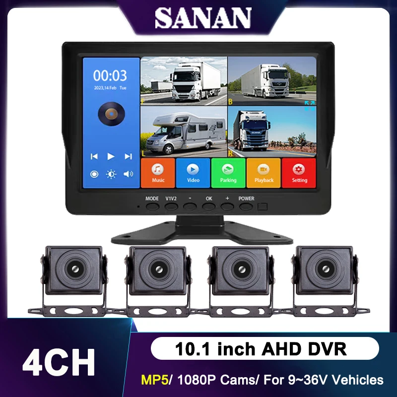 Vehicle Backup Camera System 10.1" 4CH AHD 1080P Vehicle Backup Camera System MP5 DVR for Truck/Bus/Vans Reversing Parking Monitor Starlight HD Night Vision