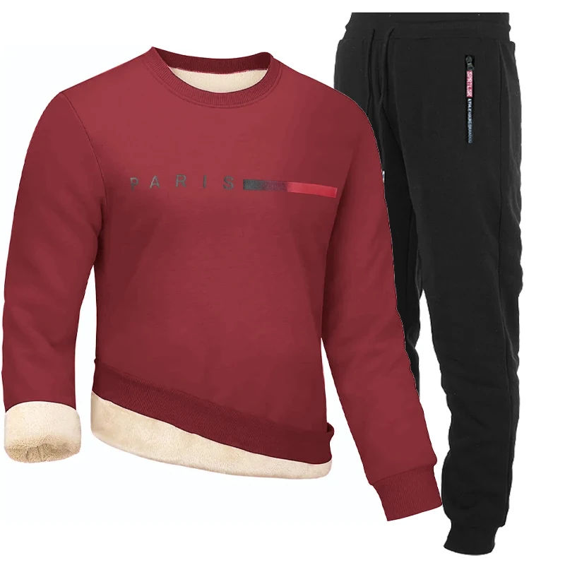 Outdoor Men's 2 Pieces Crewneck Sweatshirt Warm Sherpa Lined Pullover Wool Top Sweatshirt Casual Workout Sports Set Sportswear