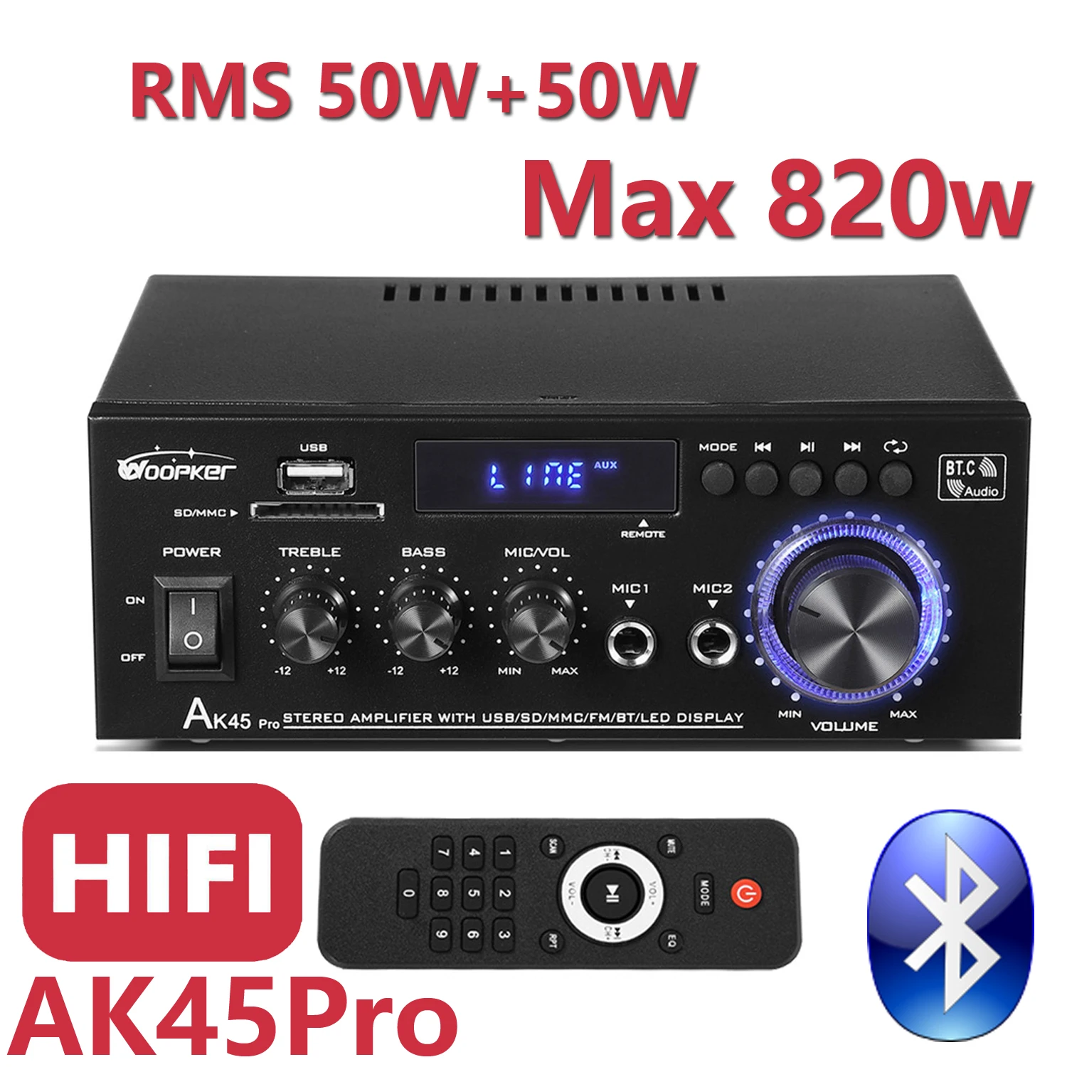 

HiFi Digital Amplifier AK45 Pro Bluetooth 5.0 Surround Sound AMP Channel 2.0 Max 820w Speaker for Home Car Karaoke USB RCA MIC