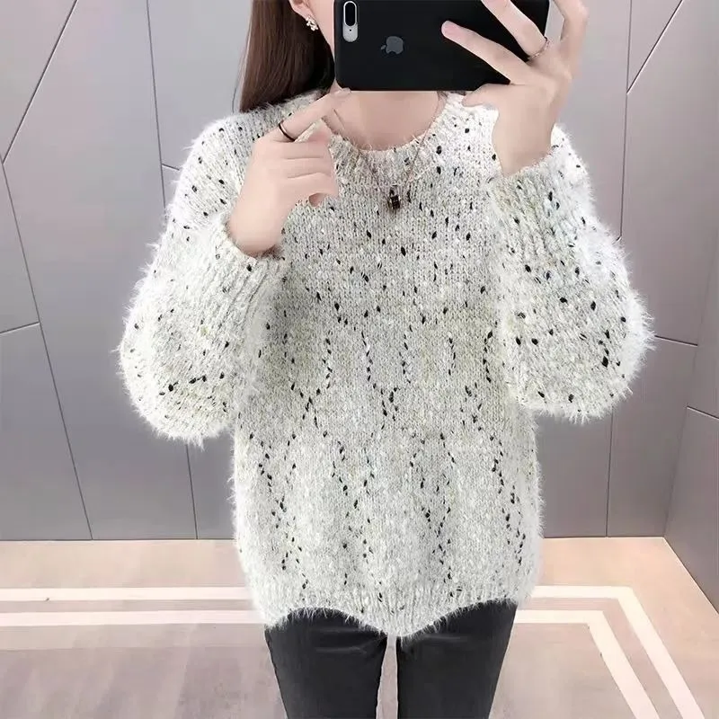 

Imitation Mink Fleece Versatile Sweater Pullover Women Autumn and Winter Loose Round Neck Knitted Pullover Sweater Female Tops